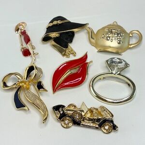Vintage Brooch Lot 7pc Teapot Lady Car Bow Ring Red Enamel Rhinestone Gold Tone